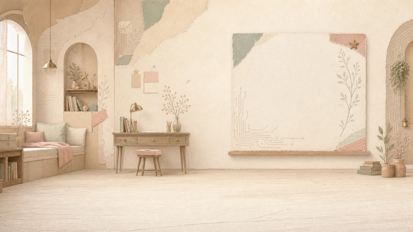 Chirabi's calm paper atelier with a reading nook, writing desk, and open floor