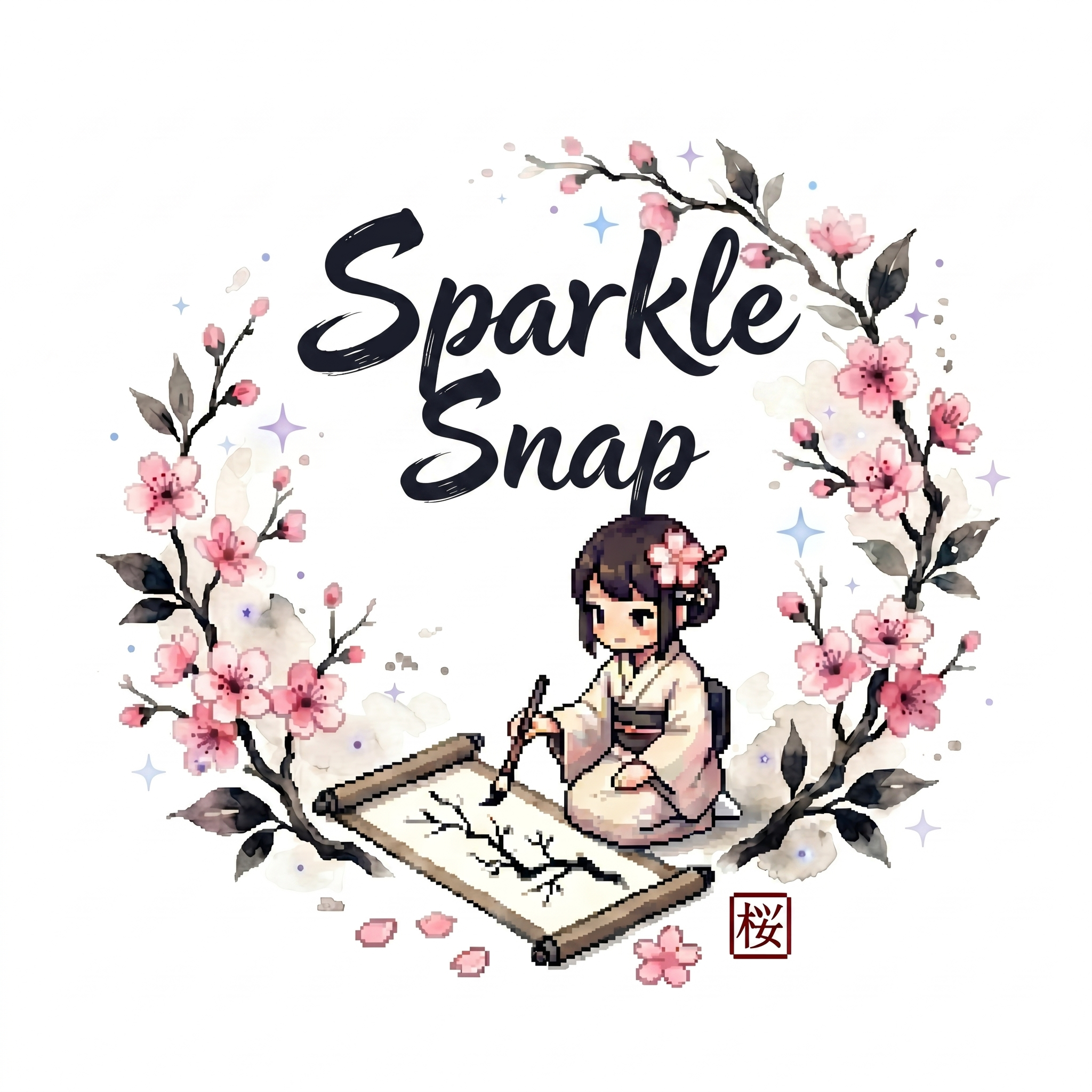 Sparkle Snap logo with sakura blossoms, calligraphy and pixel illustration