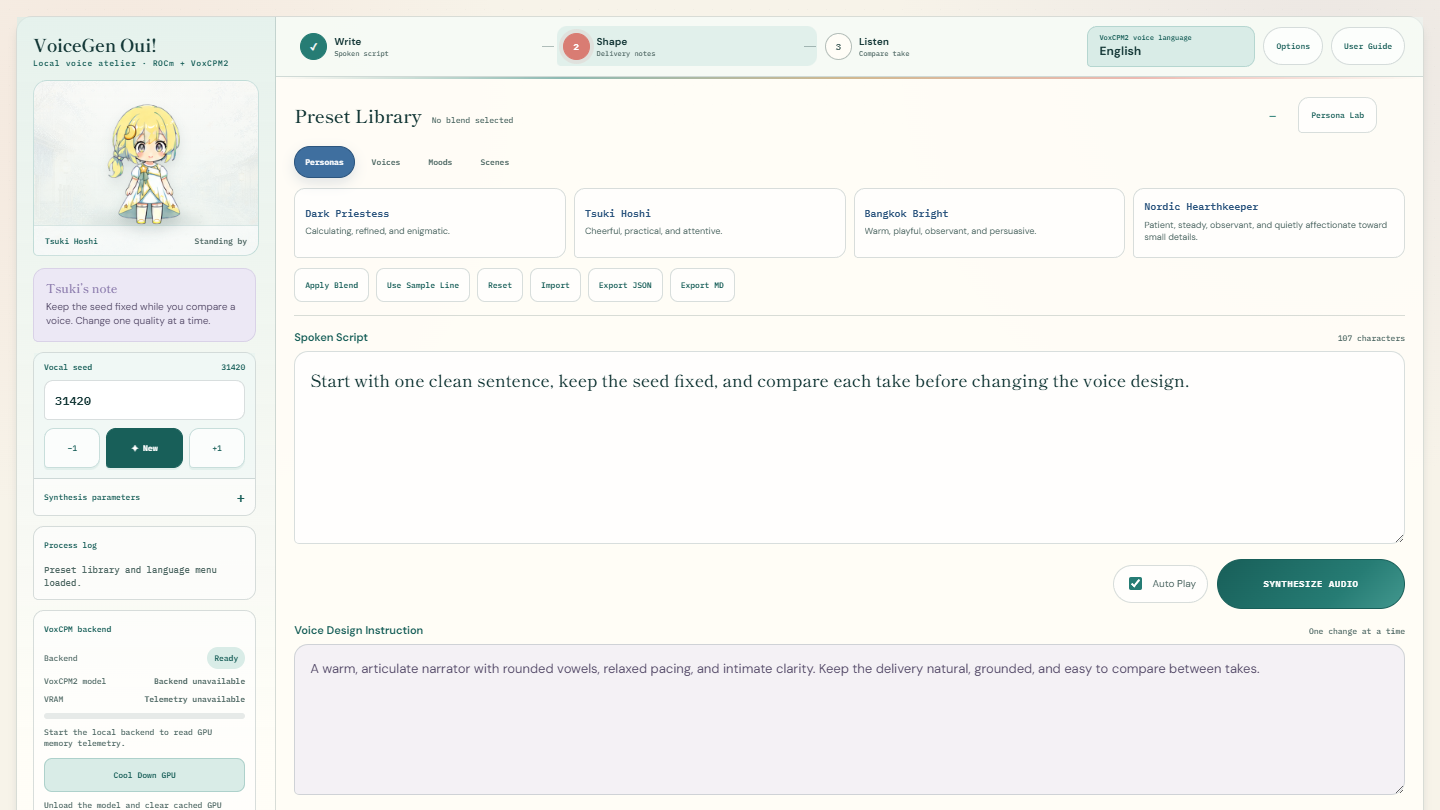VoiceGen Oui interface generating a voice locally